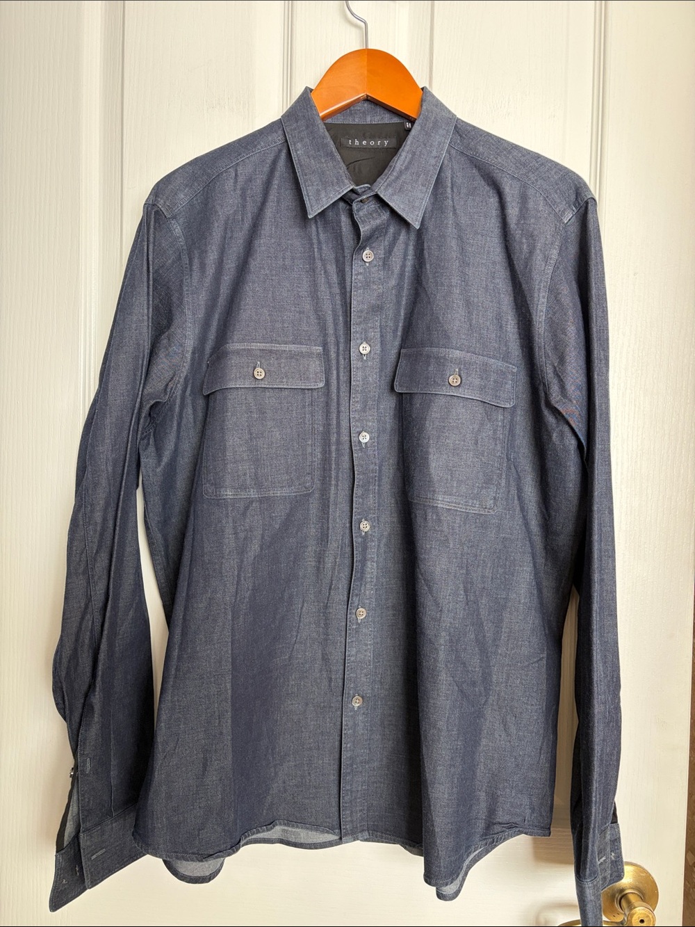 Theory Men's Dark Blue denim-like Button-Down Pocket Shirt